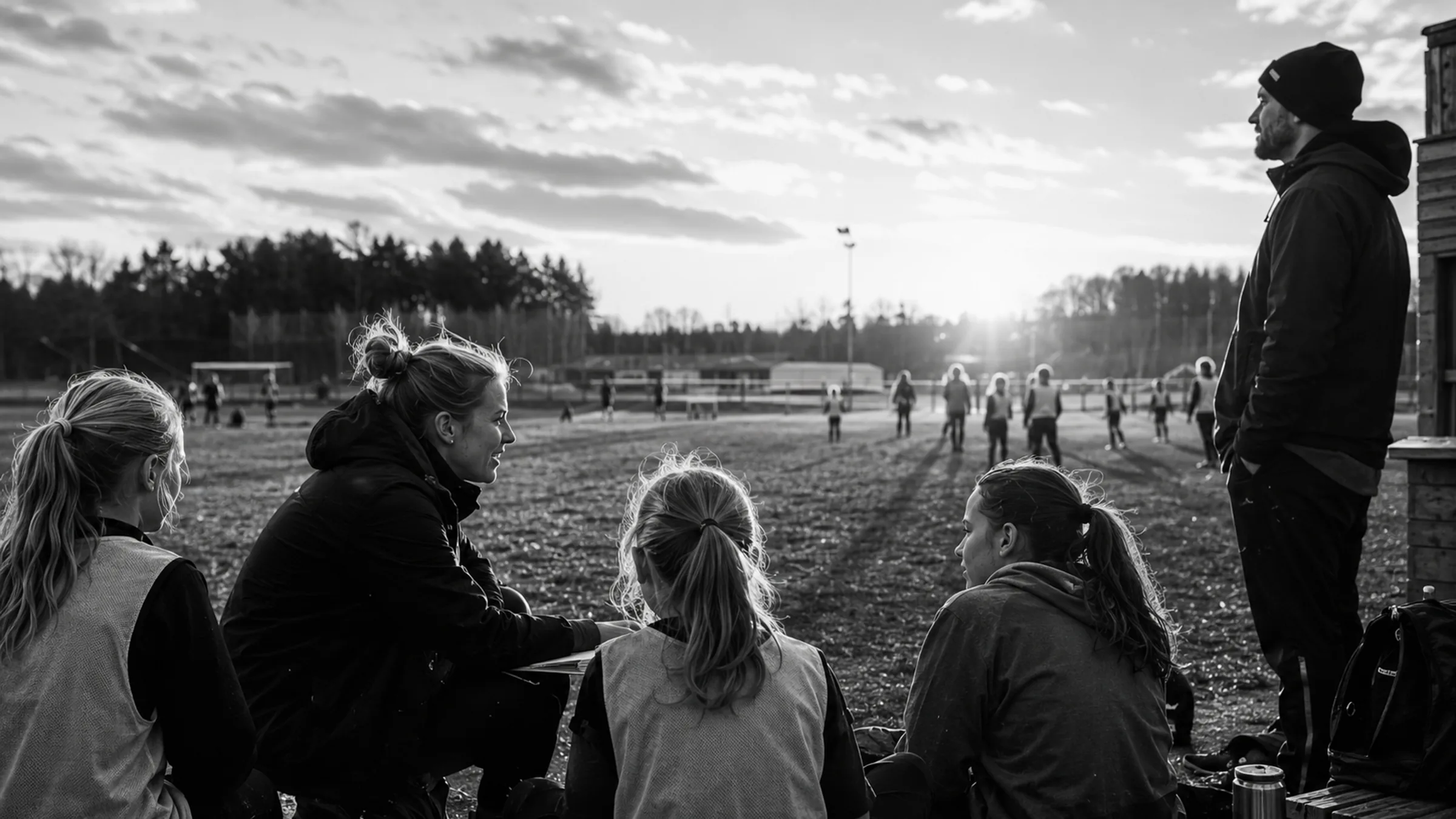 Ledare och ungdomar samlade vid en lokal idrottsplats